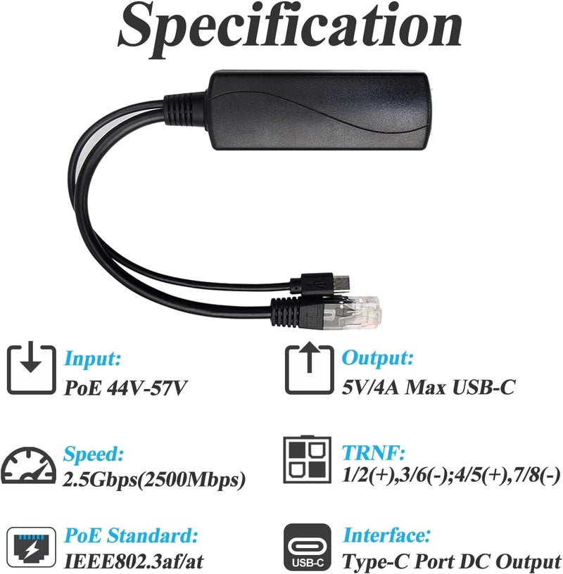 REVODATA 2.5G Type C PoE Splitter 5V/4A, 48V PoE to USB-C 5V/4A 20W Output, 2.5Gbps Ethernet Comply IEEE802.3af/at, Plug and Play for Smart Home/Pi 4B/4B+ (TYPEC0504G) - Image 5